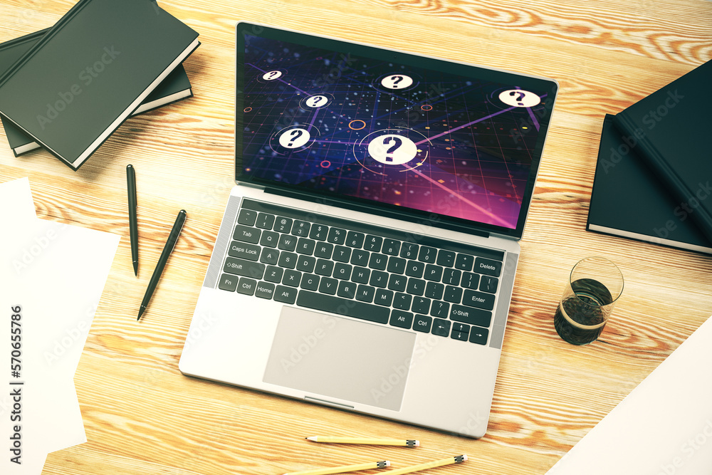 Aufkleber modern computer monitor with question mark hologram. sociology and psychology concept. 3d rendering