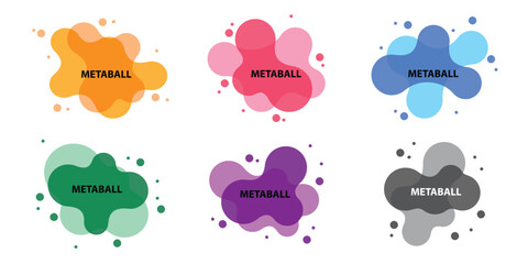 Set of 6 colours yellow red blue green purple grey metaball pattern with dotted texture on white background. Vector illustration. 