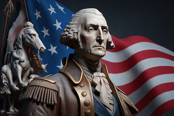 Gypsum statue of George Washington ,american flag on the background,Generative ai