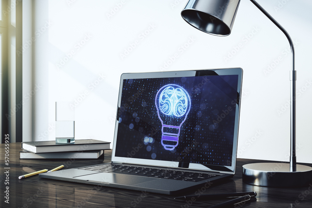 Poster Creative idea concept with light bulb and human brain illustration on modern laptop screen. Neural networks and machine learning concept. 3D Rendering