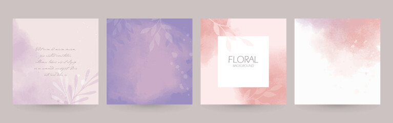 Watercolor floral social media post background templates in lilac pink. 