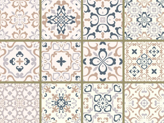 Set of 12 vector tile patterns, Lisbon floral mosaic, seamless traditional ornaments