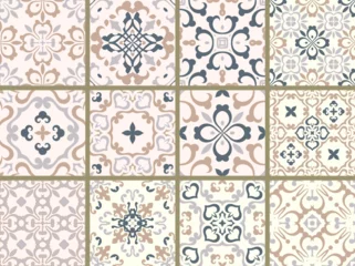 Gordijnen Set of 12 vector tile patterns, Lisbon floral mosaic, seamless traditional ornaments © kokoshka