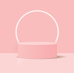 Minimalist 3D Pastel Pink Vector Composition with a Low Cylindrical Podium and a Neon Circle in the Background, ideal for Product Presentation. Simple Geometric Mokup Product Display. Round Stage. - obrazy, fototapety, plakaty