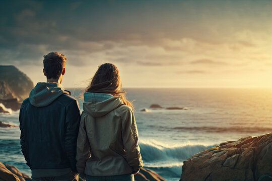Couple against ocean background. Illustration Generative AI