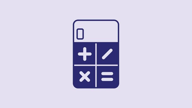 Blue Calculator icon isolated on purple background. Accounting symbol. Business calculations mathematics education and finance. 4K Video motion graphic animation
