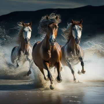 Wild horses running on a beach. Ai generated