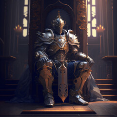 a knight with gold and silver full armor and helmet sitting on a throne in the style of a fantasy dungeons and dragons character