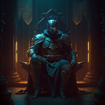 a dark knight with a black full armor and helmet sitting on a throne in the style of a fantasy dungeons and dragons character