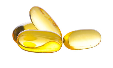Close up of food supplement oil filled capsules suitable for: fish oil, omega ,evening primrose, borage oil, flax seeds oil, vitamin on transparent png - obrazy, fototapety, plakaty