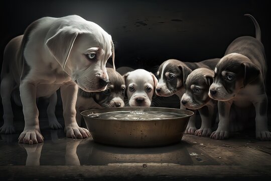 A Group Of Beautiful Puppy Dogs Ready To Eat Their Food Accompanied With Their Mother, In Beautiful Classic Style Illustration, Generative Ai