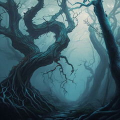 a haunted forest in the night full of twisted trees and branches in the dense mist Generative Ai
