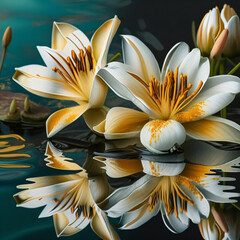 close up shot of white isolated lilies flowers on a pond.  macro shot of white blooming lilies isolated. Generative Ai