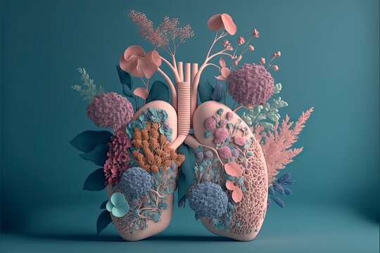 3D Human Organ Made With Flowers, Healthy Living, Nutritional Diet, No Smoking, Created With Generative AI Tools