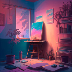 interior of a painting room on a blue and pink gradient light. an easel inside a room lit by blue and pink gradient lights. lofi style painting room Generative Ai