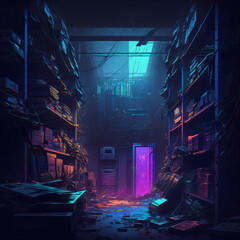 pink and blue neon lights on a destroyed warehouse. neo-noir pink and blue warehouse. cyberpunk style dark warehouse, with pink and blue gradient neon lights. Generative Ai