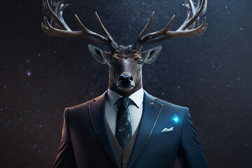 Realistic illustration of a man in formal suit with Deer head on a starry background, digital art, realism, short medium shot.