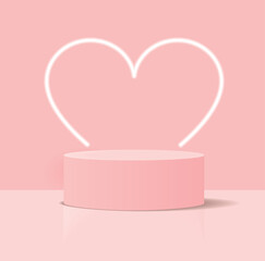 Minimalist 3D Pastel Pink Vector Composition with a Low Cylindrical Podium and a Neon Heart in the Background, ideal for Product Presentation. Simple Geometric Mokup Product Display. Round Stage. - obrazy, fototapety, plakaty
