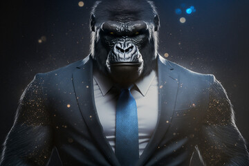 Realistic illustration of a man in formal suit with Gorilla head on a starry background, digital art, realism, short medium shot.