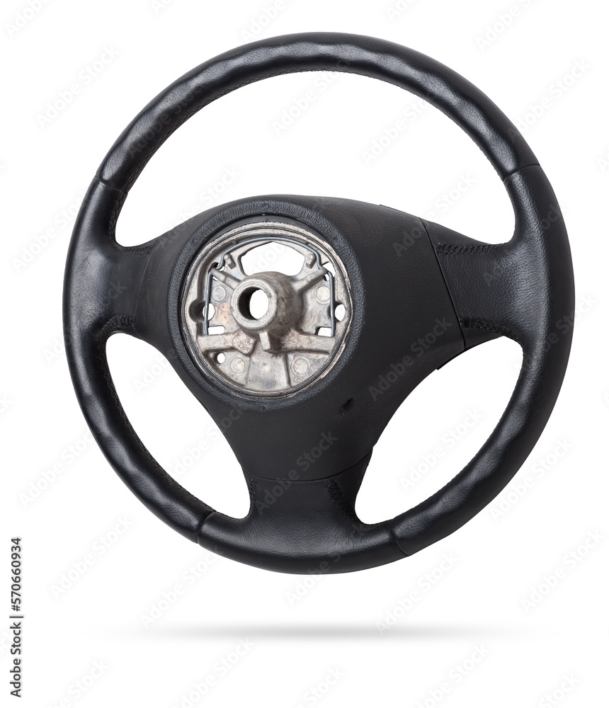 Sticker Steering wheel for car and truck isolated on white background. Automobile vehicle part or equipment. Round modern style consist of black leather and aluminum. For driver to driving control and tuning.