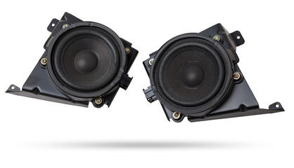 Two speakers of an acoustic system - an audio for playing music in a car interior on a white...