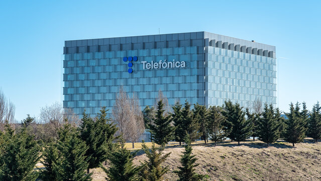 Madrid, Spain, February 4, 2023: Glass and metal building of the multinational Telefonica at its headquarters.