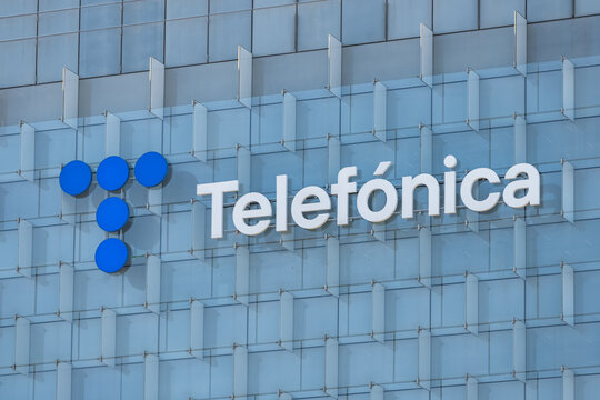 Madrid, Spain, February 4, 2023: Brand of the telecommunications multinational Telefonica at its headquarters in Madrid.