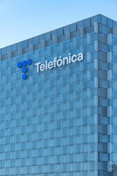 Madrid, Spain, February 4, 2023: Brand of the multinational company Telefonica is dedicated to telecommunications.