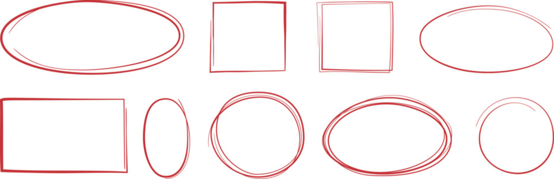 collection of red doodle shapes, circular and rectangular highlight frames vector illustration