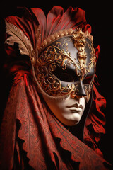 Illustration of a man dressed with a Venetian mask and costume from seventeenth-century for a carnival party in Venice. Carnival elegant festive celebration background. Generative ai	
