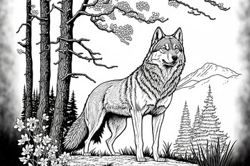 Black and White Wolf Coloring Sheet - AI-Generated Art