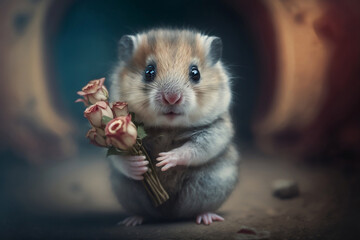 Cute hamster holding roses. Valentine's day concept Theme 3D render generated by AI.
