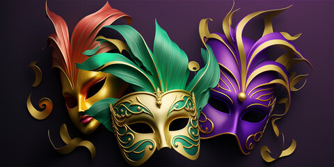three beautiful mardi gras mask on purple background - obrazy, fototapety, plakaty
