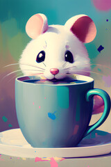 Cute white little mouse with big eyes in a cup of tea. Generative AI