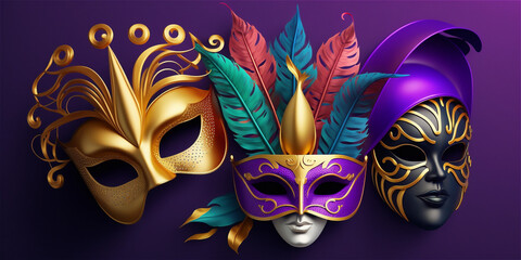 Fototapeta na wymiar Various Mardi Gras or Carnival mask on purple background, Generative AI
