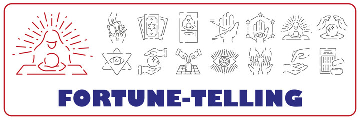 Fortune telling line icon set. Included icons as fortunes, tarot, palmistry, Chi-Chi Sticks, horoscope and more