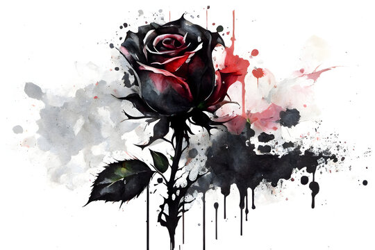 red and black rose, rose on white background, rose illustration, watercolor illustration of a rose, generative AI