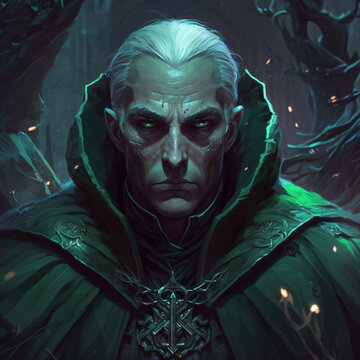 a human necromancer character wearing a green robe. portrait of a villain necromancer with white hair. An evil human wizard character with green eyes and white heir wearing a green robe Generative Ai
