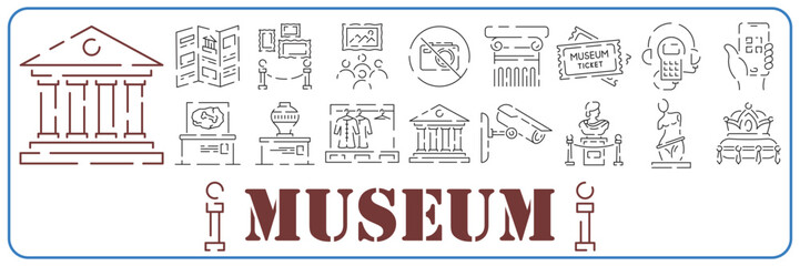 Museum icons flat line set of statue column audio guide isolated vector illustration