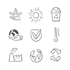 Collection of hand-drawn and doodle vector icons and pictograms, illustration about environment, nature, 
temperature, industry, planet, ecology