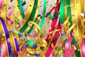 Fototapeta na wymiar Abstract background with brazilian carnival party theme, confetti, streamers and glitter generative ai
