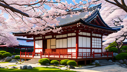 Obraz premium Japanese Architecture House surrounded by Sakura Blossoms, Generative AI Art