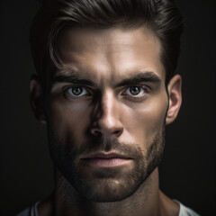 Obraz premium handsome brunette man with light brown eyes. portrait of a beautiful male model isolated on a dar background. handsome man with a serious expression Generative Ai
