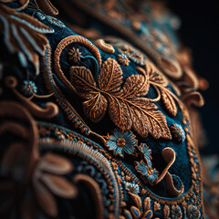 intricate gold pattern embroidery on a blue silk luxurious fabric Generative Ai