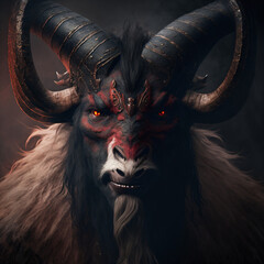 portrait of an evil four horned goat satyr monster with red paint all over its black face isolated on a black background Generative Ai - obrazy, fototapety, plakaty