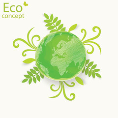 Globe with paper colorful flowers and leaves on a white background.