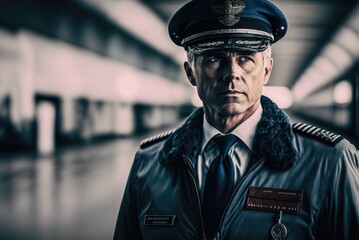 Obraz premium Close up portrait of an airliner pilot male wearing blue flight uniform and captain's cap on the blurred airport background. Generative AI