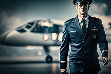 Close up portrait of an airliner pilot male wearing blue flight uniform and captain's cap on the blurred airport background. Generative AI