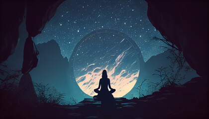 Silhouette woman meditates in the lotus position on the mountain with the moonlight and a sky full of stars. Generative AI