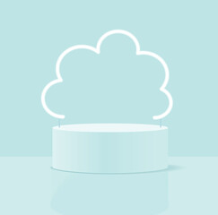 Minimalist 3D Pastel Blue Vector Composition with a Low Cylindrical Podium and a White Neon Cloud in the Background, ideal for Product Presentation. Simple Geometric Mokup Product Display.Round Stage.